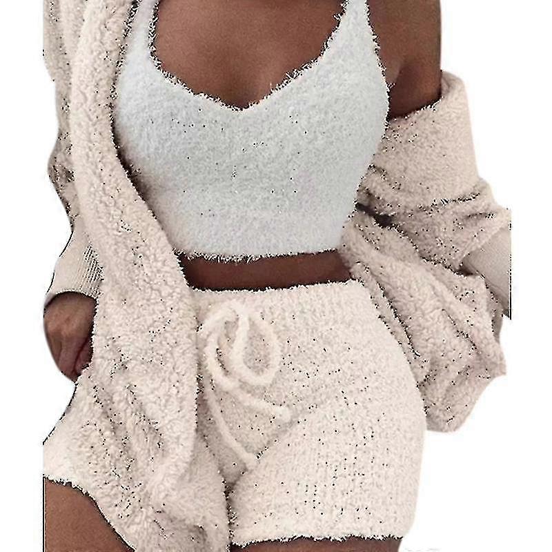 ملابس داخلية نسائية طقم كارديغان رقيق + بلوزة محصول + شورت بيجاما صوف ملابس نوم