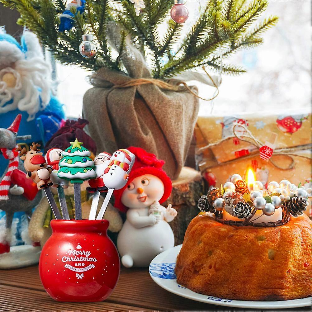 クリスマスシリコンフルーツフォークサラダフォークステンレス鋼子供用フードフォークセラミックカップホルダー付き再利用可能なフルーツフォーククリスマスギフト