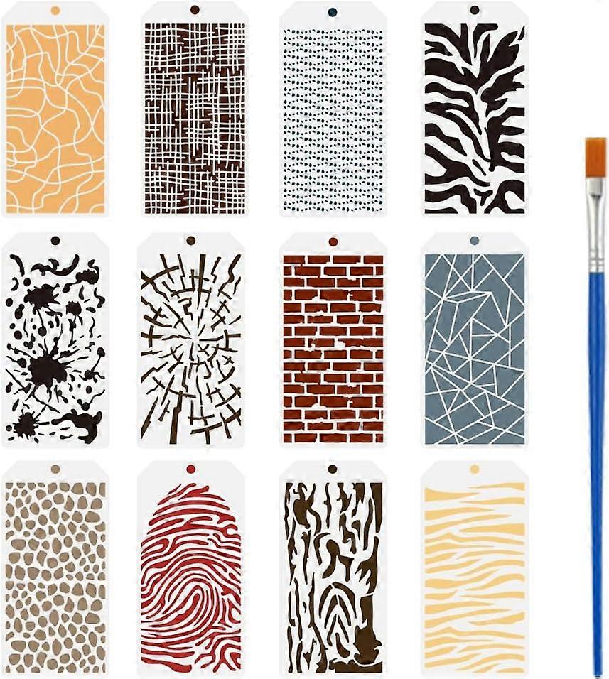 12 Pcs Texture Drawing Stencil with A Paint Brush 4.72x9.44inch Mixed Media Painting Template Camo Crack Brick Leopard Woodgrain Fingerprint Geometry 