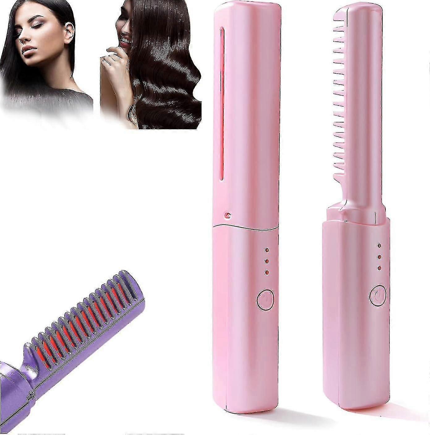 ミニイオンストレートヘアアイロンブラシ、充電式電気ストレートコーム、ポータブルトラベル用の3つの熱設定付き