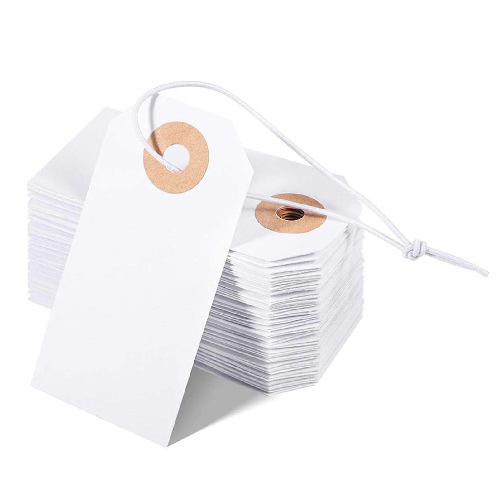 100pcs White Blank Tags with Elastic String Marking Hanging Tags Attached Reinforced Hole Writable Blank Price Tags for Nail Salon