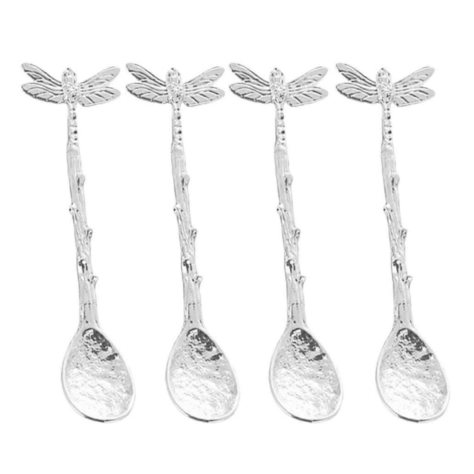 Set of 4 Durable Dragonflies Shape Teaspoons Decorative Water drop Coffee and Teas Spoons with Long Dragonflies Handle Silver