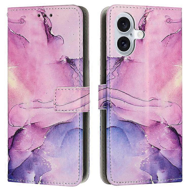 Compatible For iPhone 16 Plus Stand Case Marble Pattern PU Leather Wallet Phone Cover with Wrist Strap
