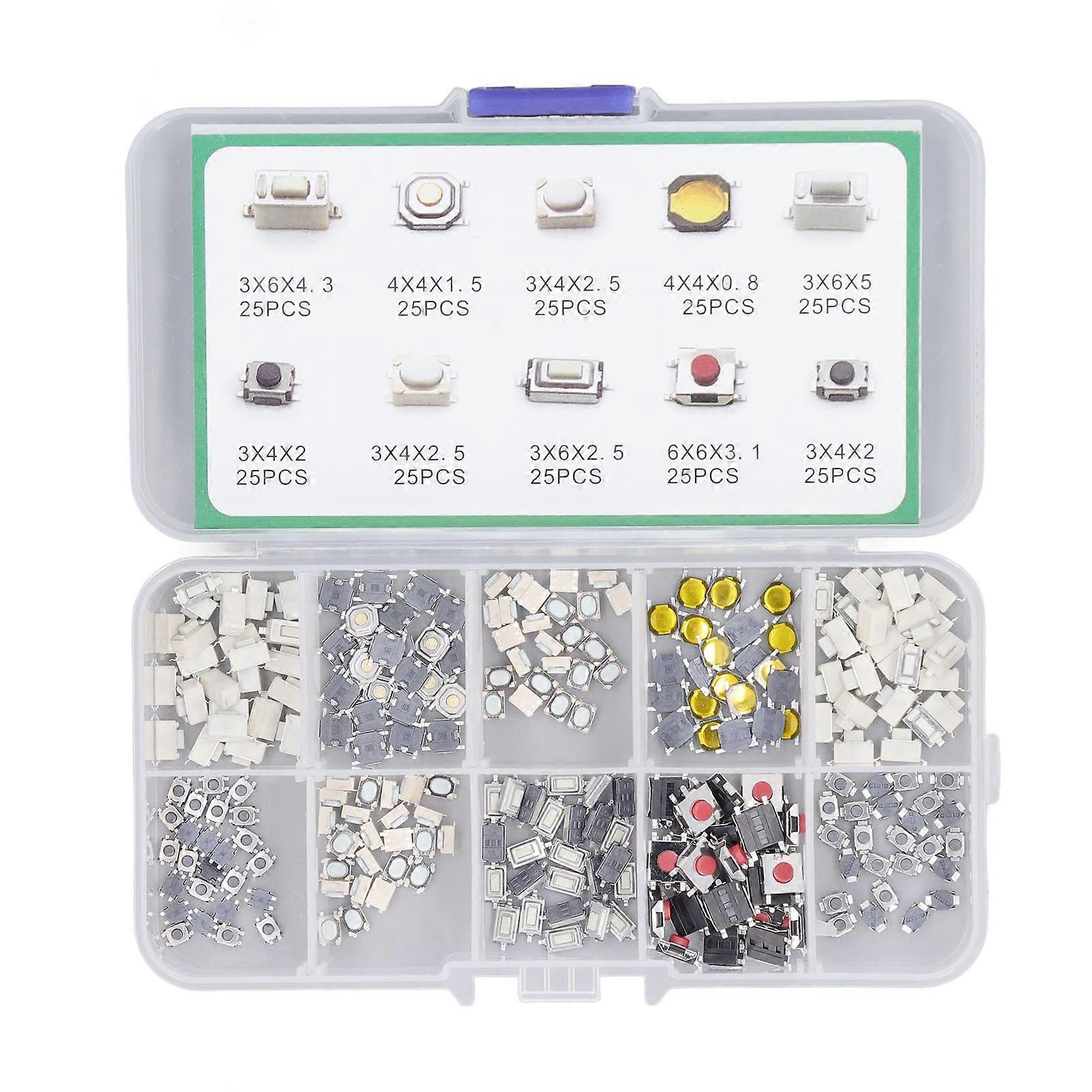 250 Pcs Tactile Push Button Switch 10 Specification High Sensitivity Tact Button Switch Assortment Kit