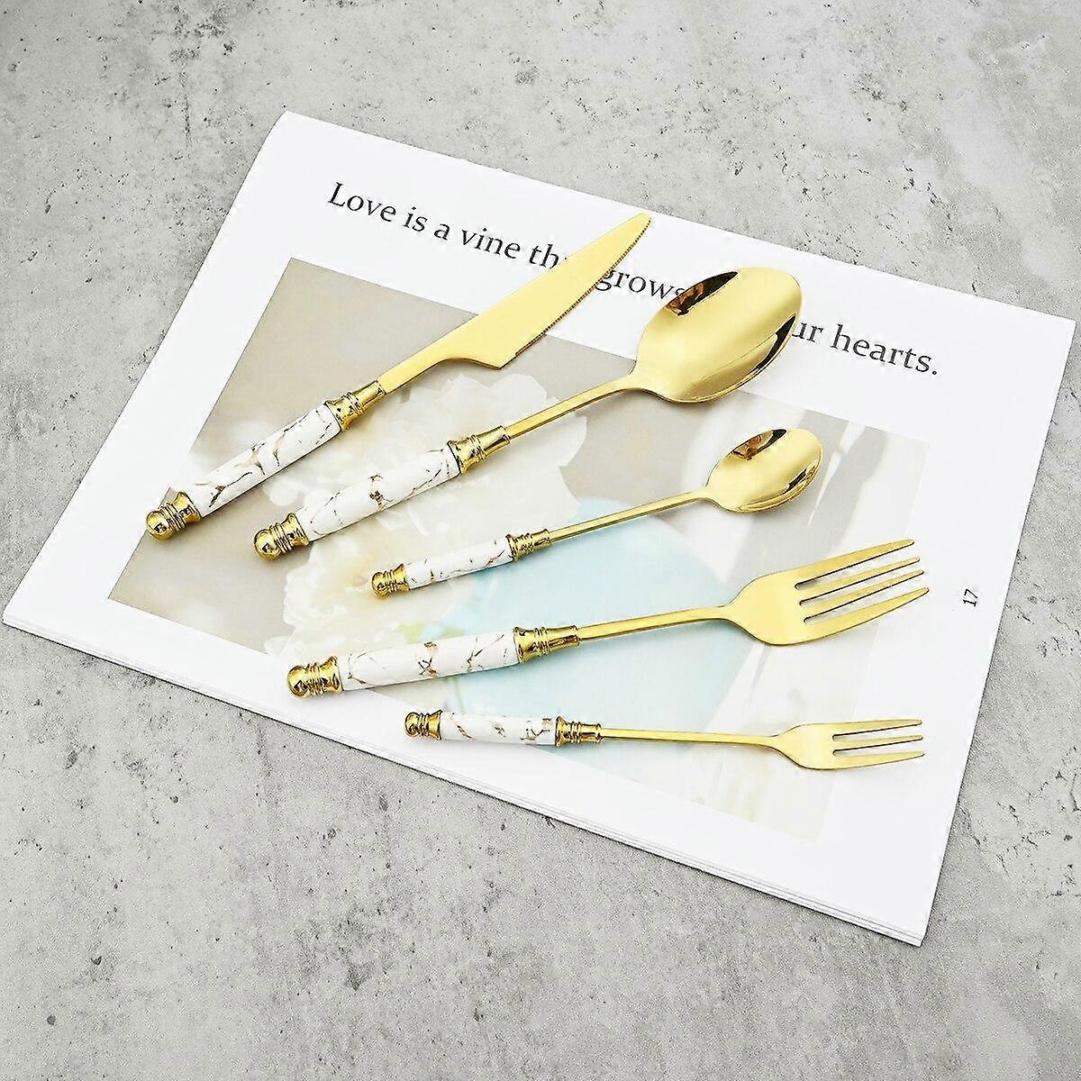 5Pcs Flatware Marbled Ceramic Cutlery Set Knife Spoon Dinner Fork Cake Fork Teaspoon Dinnerware Stainless Steel Tableware Set