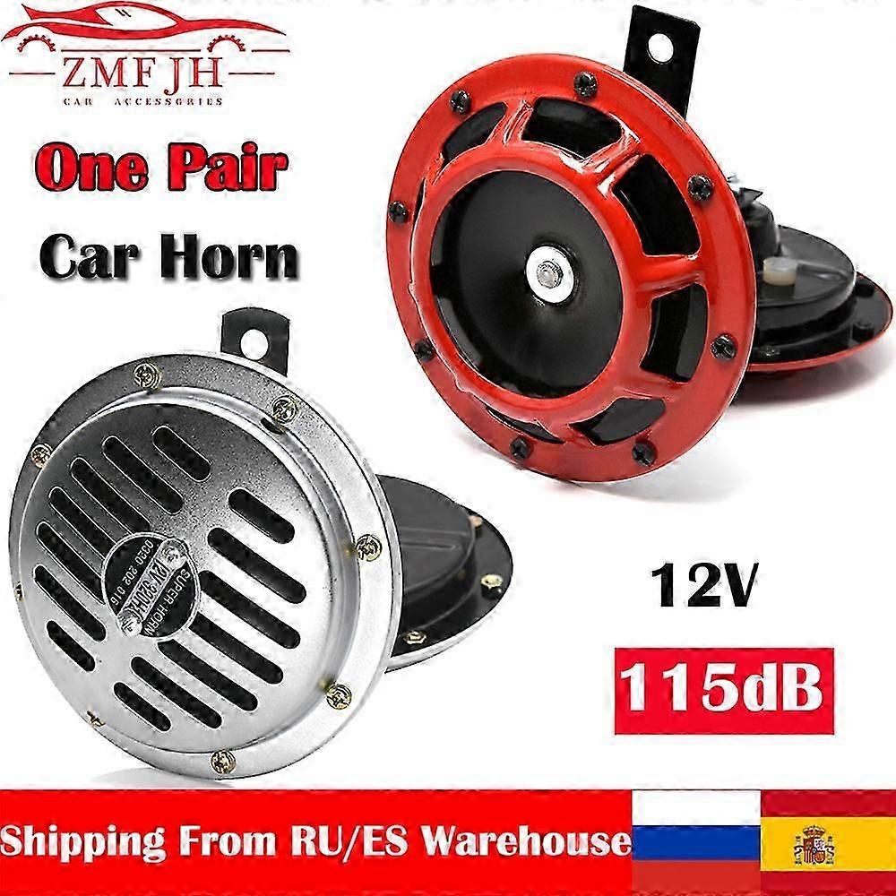 מודעה אדום / כסף הלה סופר רם קומפקטי חשמלי פיצוץ טון אוויר ערכת צופר 12v 115db למכונית אופנוע 2 יחידות / סט צופר רכב אוניברסלי