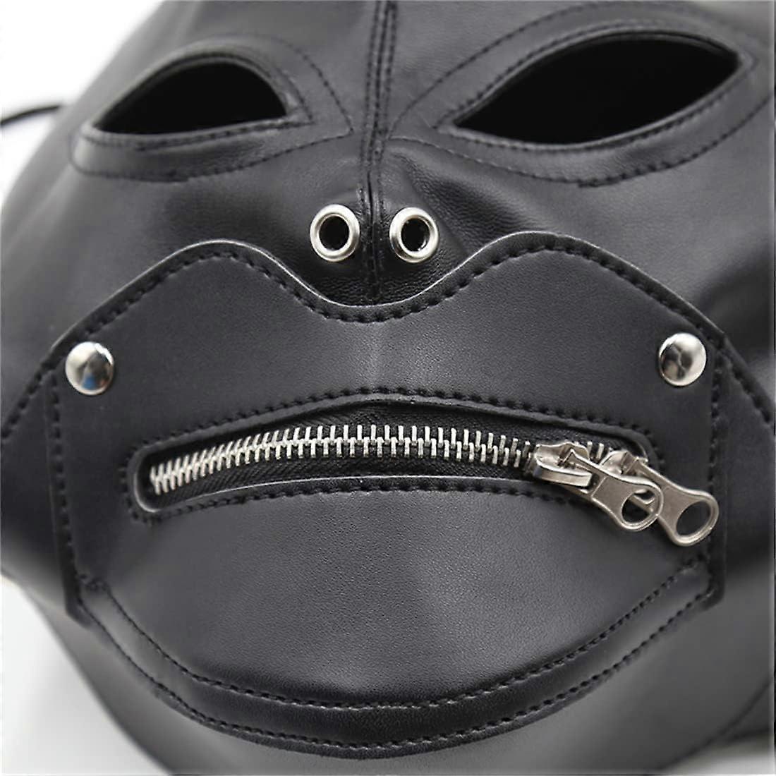 Lace-Up Head Masks Hollow-Eye Leather Cosplay Headgear Removable Zipper