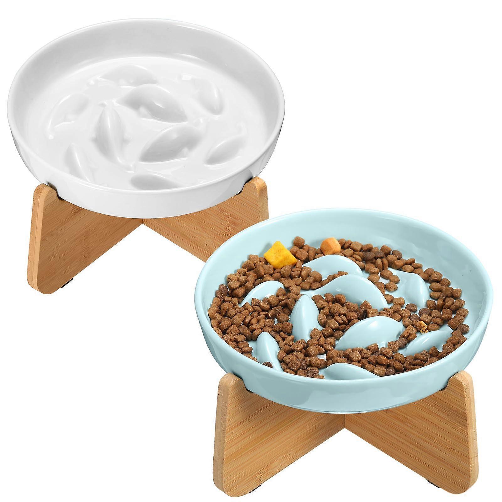 Ceramic Slow Feeder Cat Bowl Set with Elevated Stand for Small Dogs, Non-Slip, Easy Clean, 2-Pack