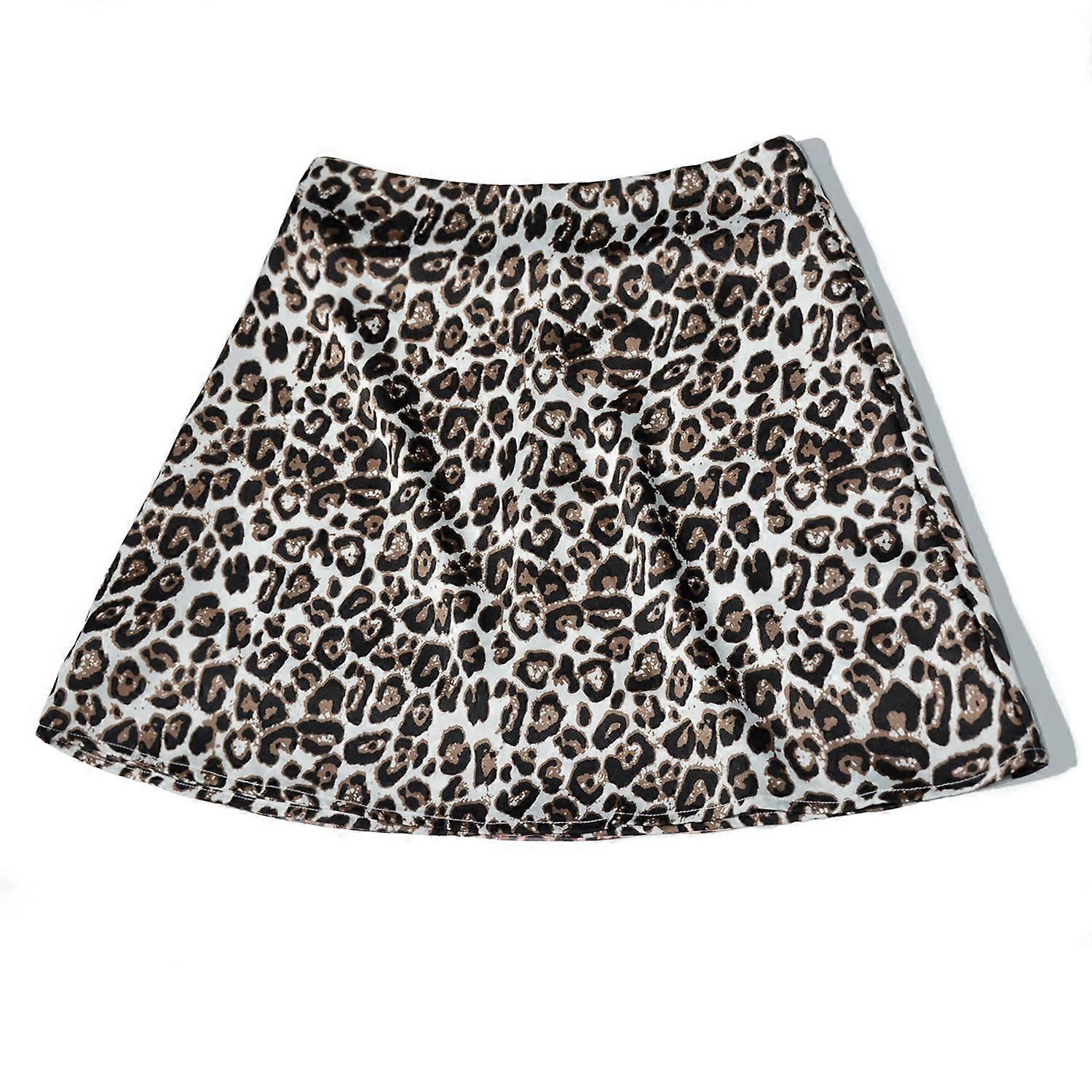 Women's Leopard Print High Waist Layer Satin Short Skirt, White - Leopard, XS