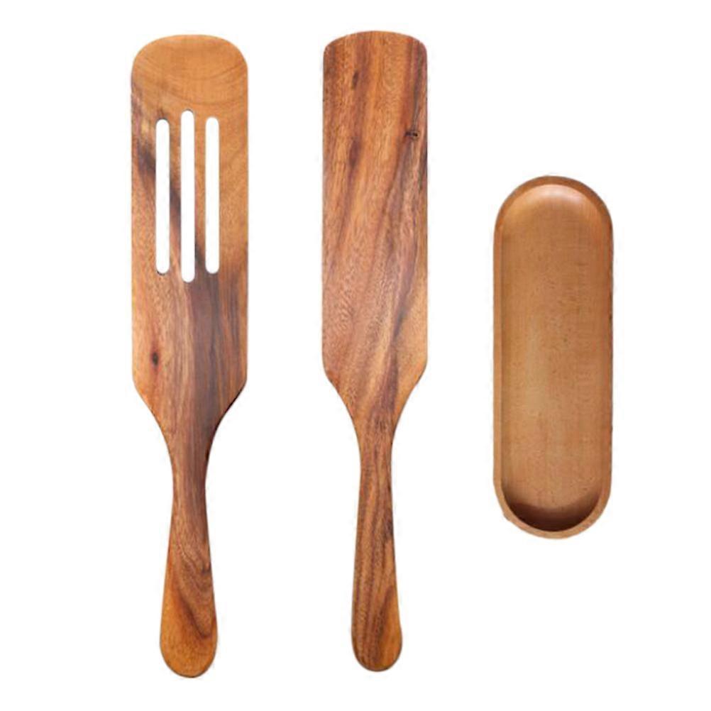 Wooden Spatula Set with Heat Resistant Cooking Tools in Coffee Color for Kitchen Use 2pcs Spatulas and Tray