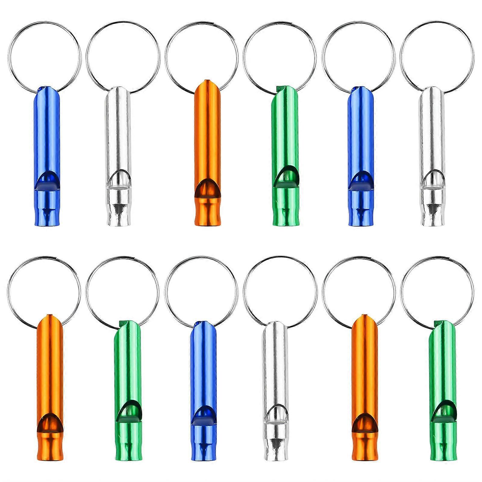 Aluminium Emergency Whistle Pack of 12, Loud Survival Signal Whistles with Key Ring for Camping, Hiking, Boating, 4 Colors