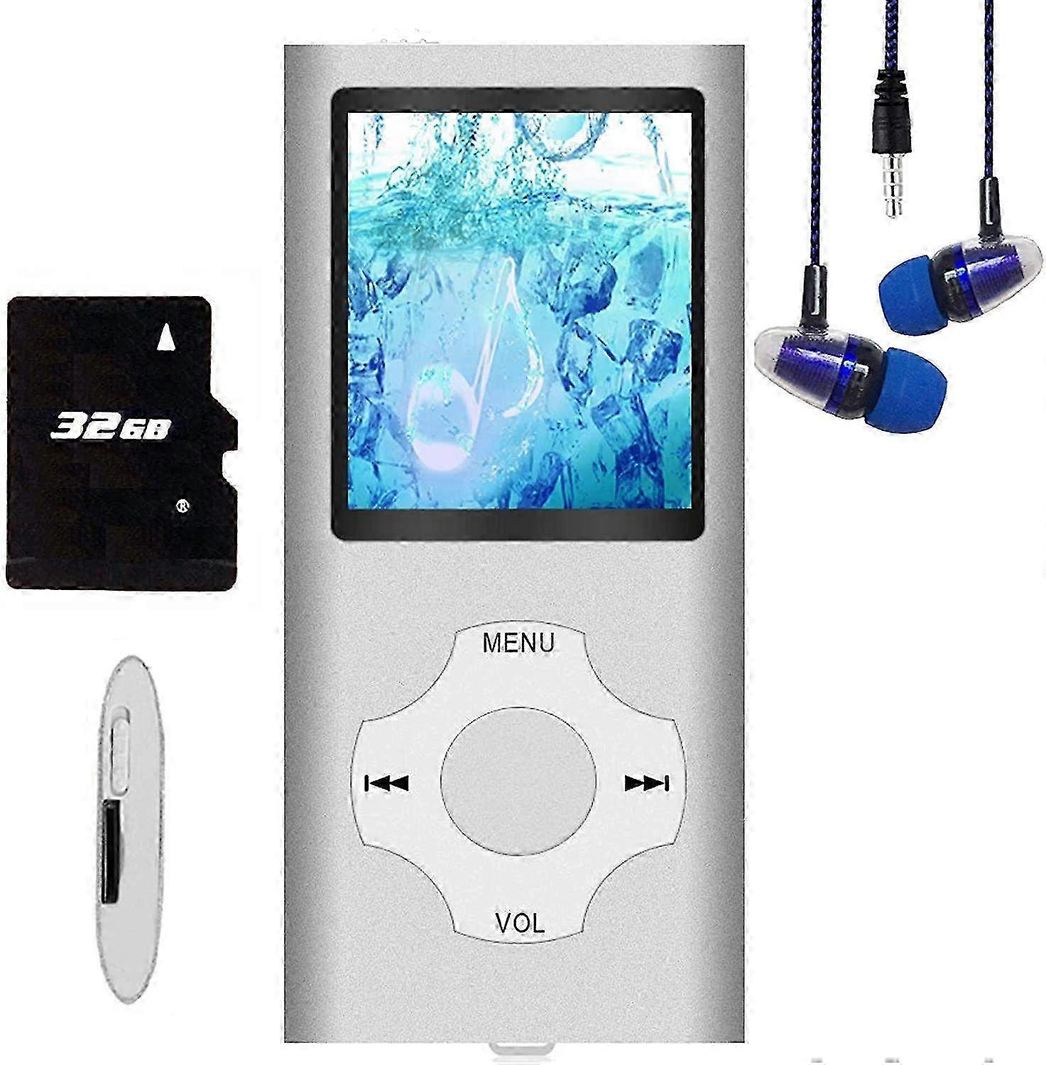 Hotechs MP3 MP4 Player with 32GB Memory Card, Slim Digital Music Player with 1.82" LCD Screen, FM Radio, USB Port & Voice Recorder (Silver)