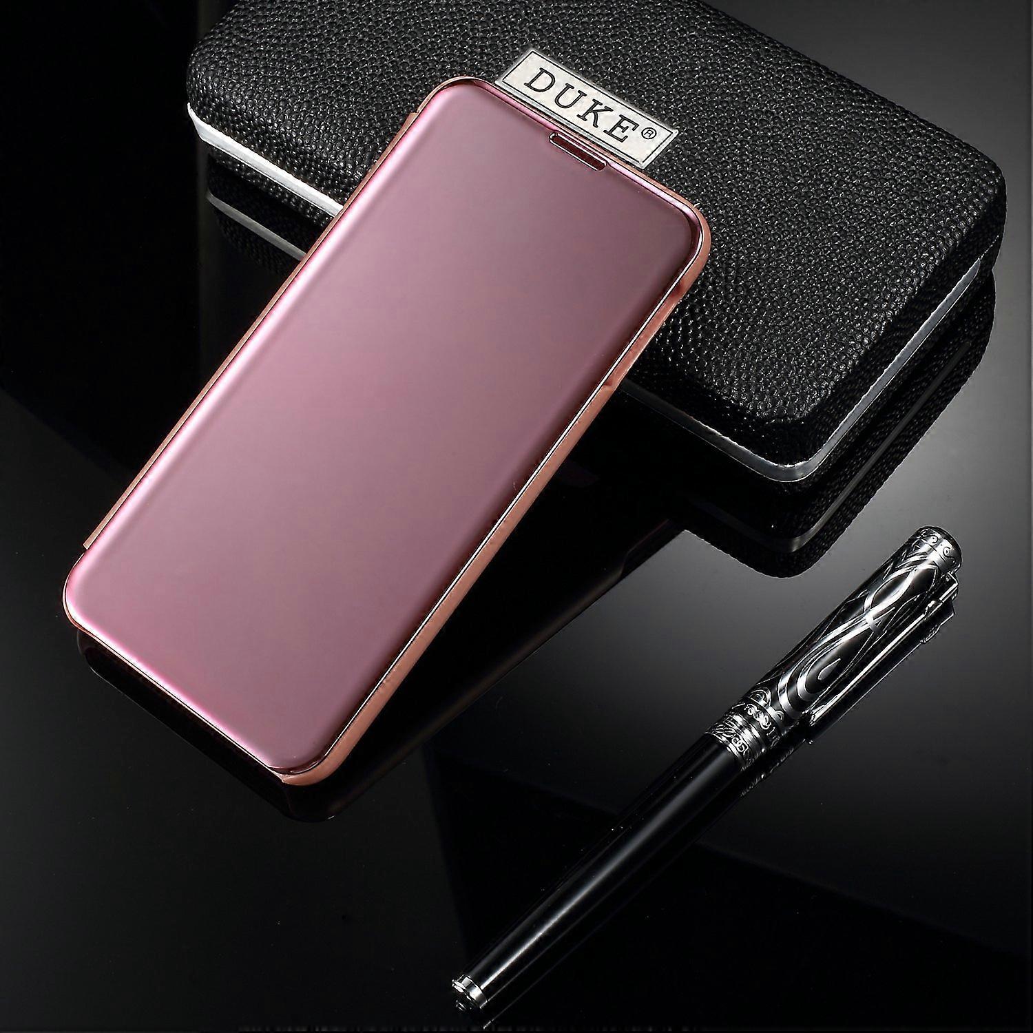 Coque de support en cuir de fenêtre de vue de surface de miroir de galvanoplastie pour Samsung Galaxy S10e - Or rose