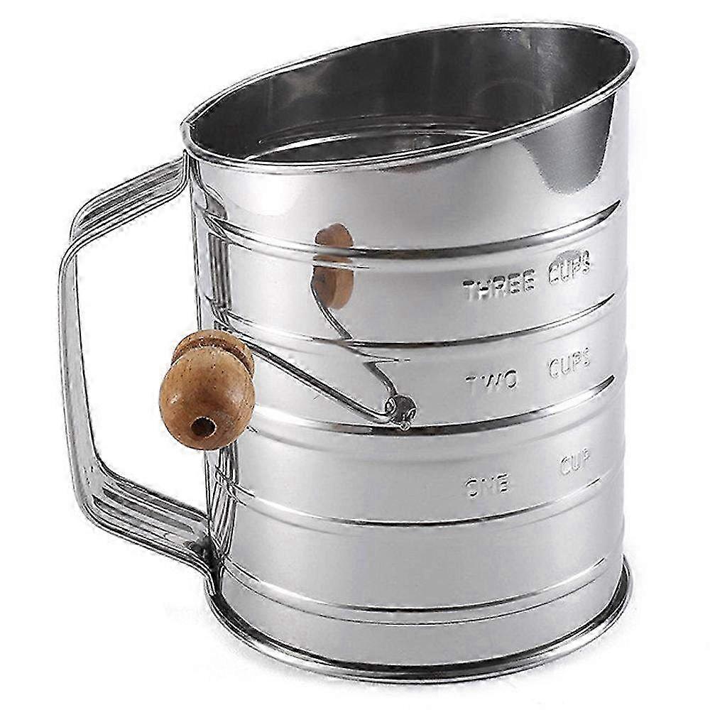 Stainless Steel Rotary Hand Crank Flour Sifter with Plastic Handle & Stamped Measurements - Essential Baking Tool for Perfect Flour Consiste
