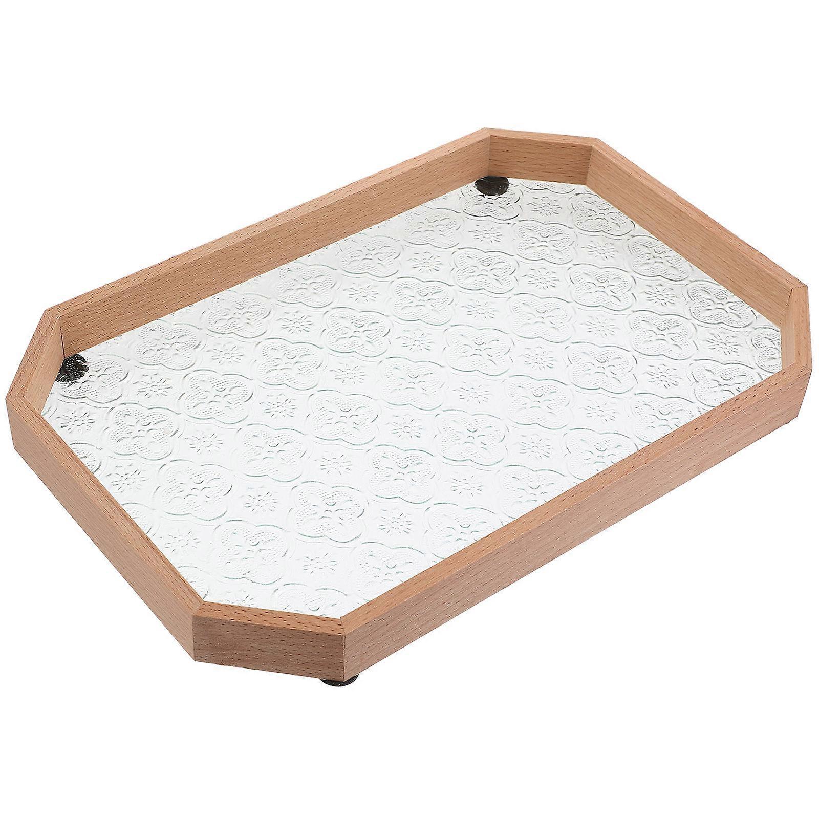 صينية تقديم زجاجية خشبية بنية فاتحة بنمط زهرة للتخزين مثالية للمقبلات والحلويات 18.0 × 12.0 × 2.0 بوصة