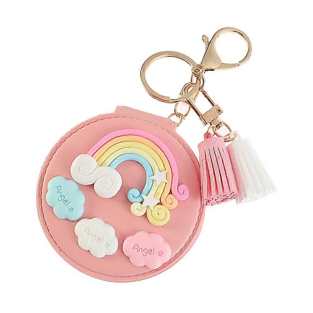 Cute Rainbow Keychain Makeup Mirror, Portable Round Pu Compact Mirror with Tassel Pendant for Bag Decor