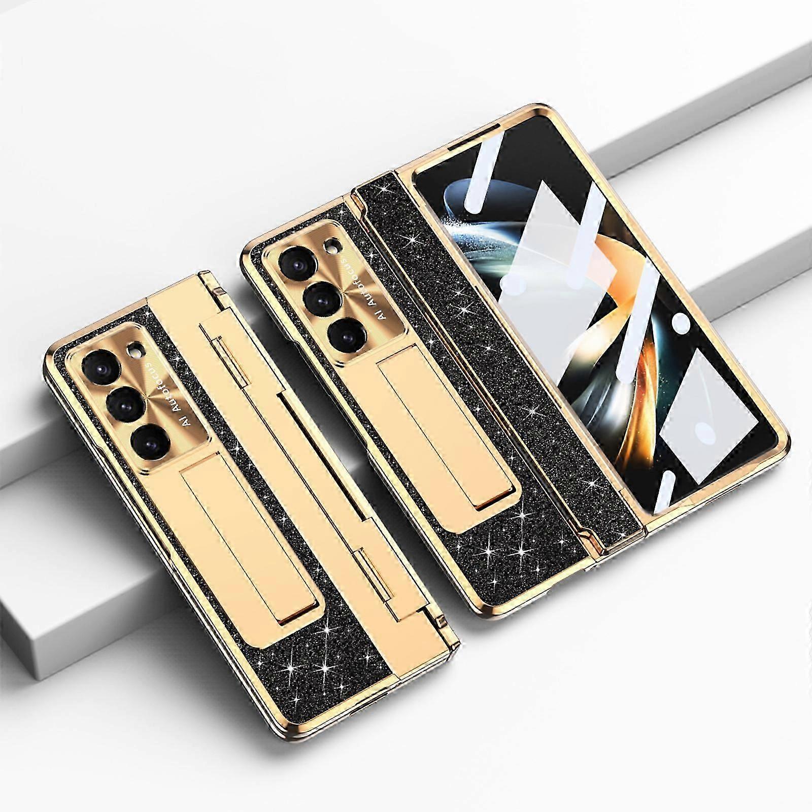 Case for Samsung Galaxy Z Fold 6 with Hinge Protection and Screen Protector, Built-in Kickstand Glitter Sparkle Bling Shiny Leather Phone Cover Case
