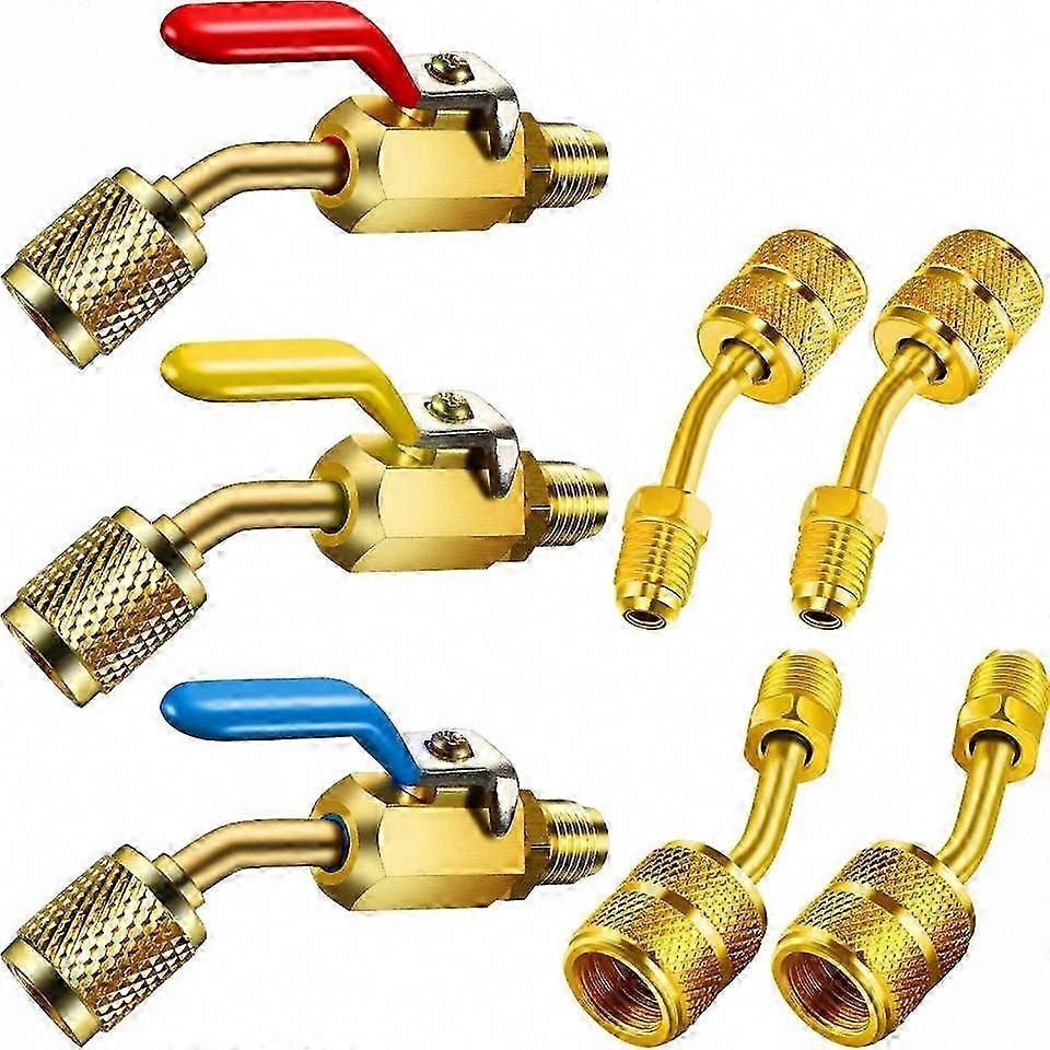 Compact AC Refrigerant Angle Ball Valve Kit with 3 Valves & 4 Adapters for R410A R134A R12 R22 HVAC Systems