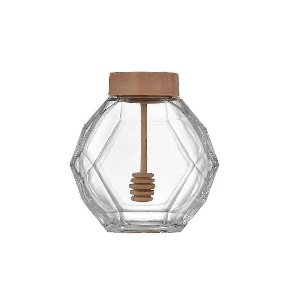 12 Oz Glass Honey Pot Jar With Cork Lid, Wooden Dipper, Hexagon Shape Honey Storage Container For Home Kitchen