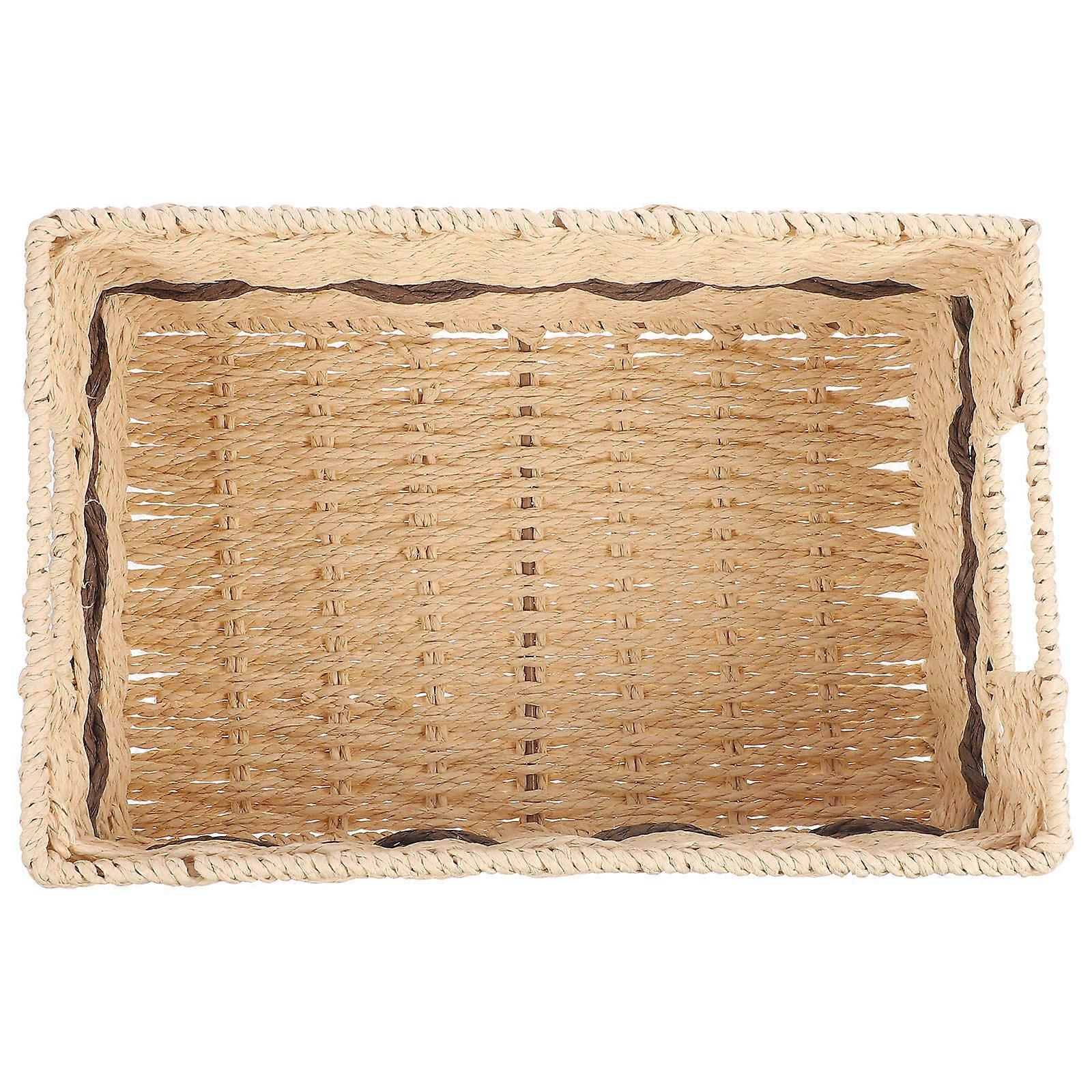 Khaki Woven Storage Basket with Handle for Desk Organization and Home Use 12.5 x 8.5 x 9 inches