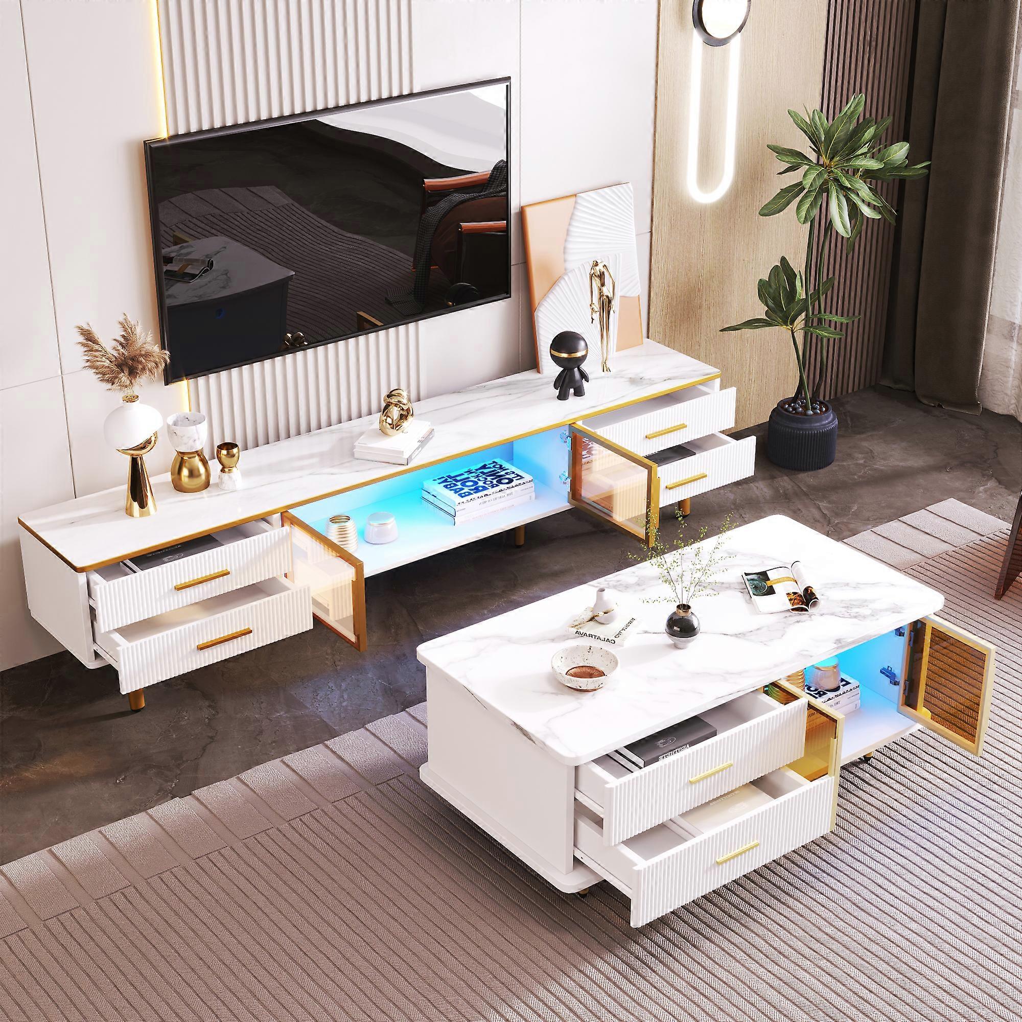 Marble Effect Glass Table Gold Handles Wave Pattern Tabletop
