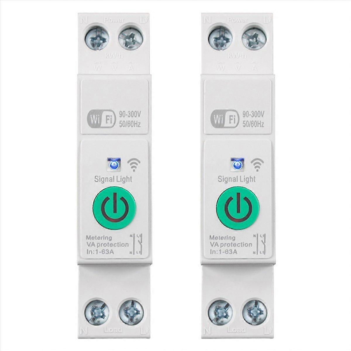 2X Tuya WiFi Smart Circuit Breaker 1P+N 63A Din Rail Switch with Electricity Statistics Remote Voice