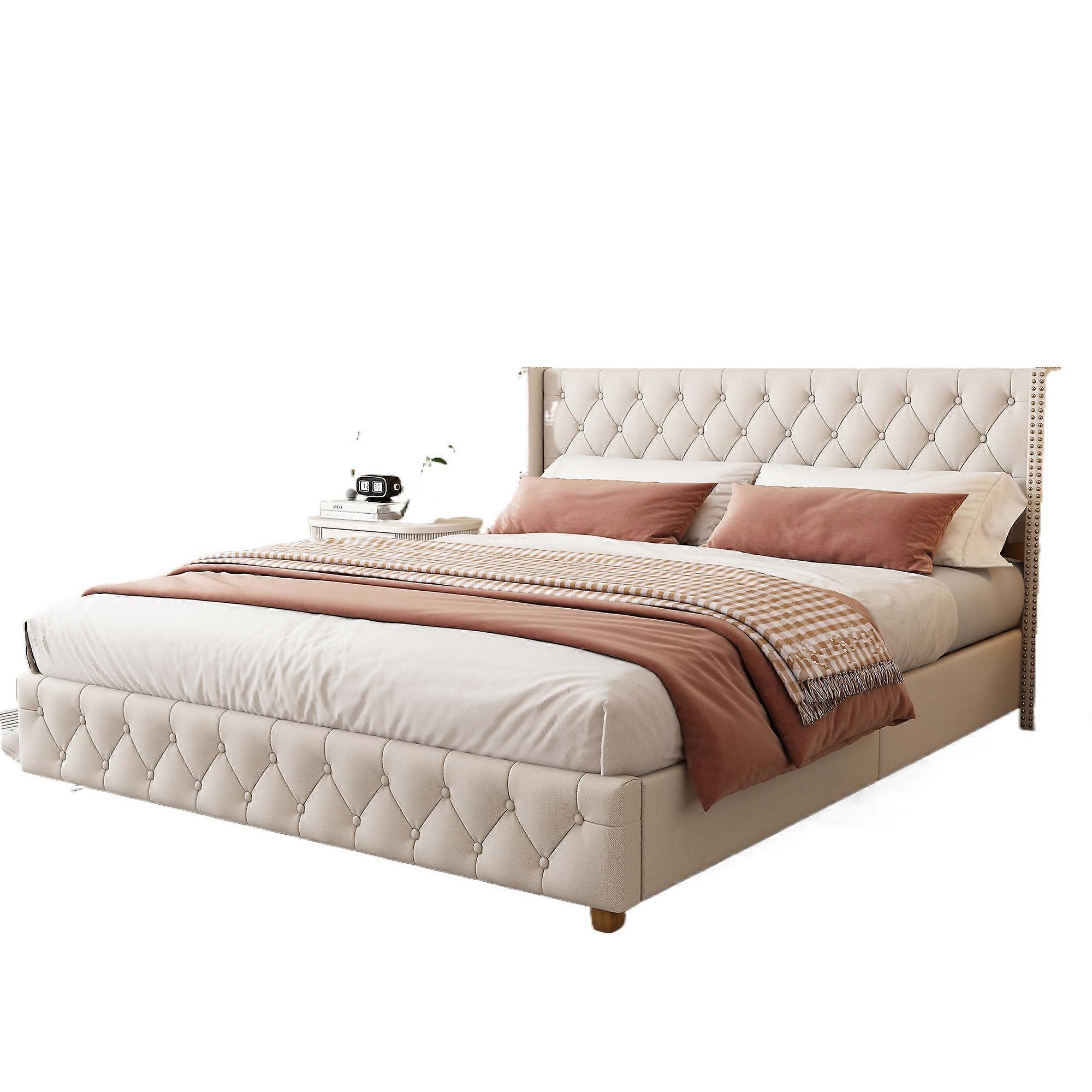 Beige Linen Upholstered Bed 160x200cm Button Tufting Stud Details
