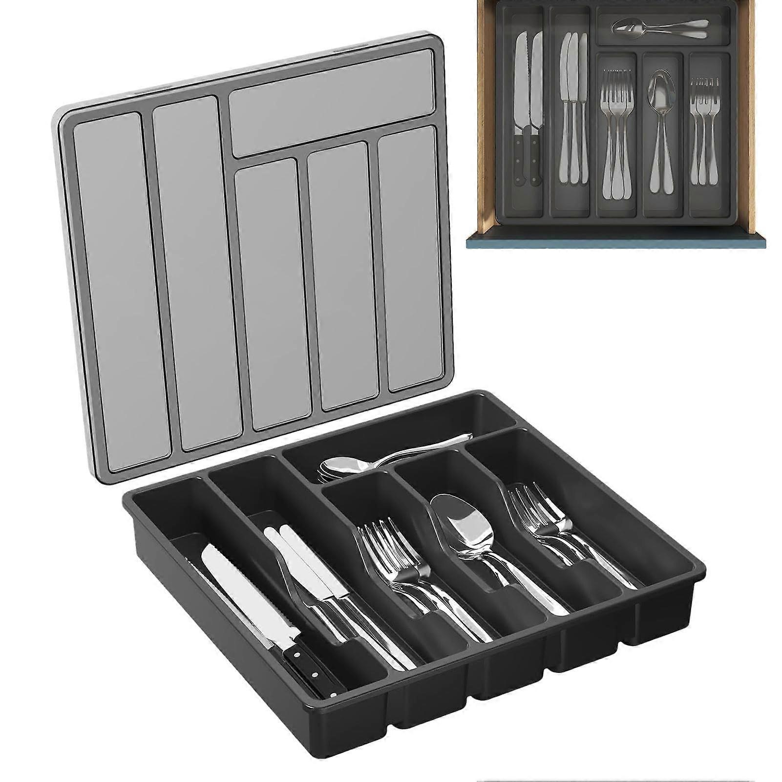 Silverware Organizer With Lid Expandable Cutlery Tray Drawer Divider Utensil Tray Covered Flatware Storage Black For Kitchen Countertop