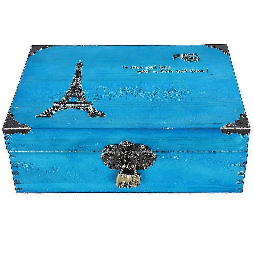 Wooden Simple Desktop Storage Box Cosmetics Jewelry Document Organizer Case with Lock Blue