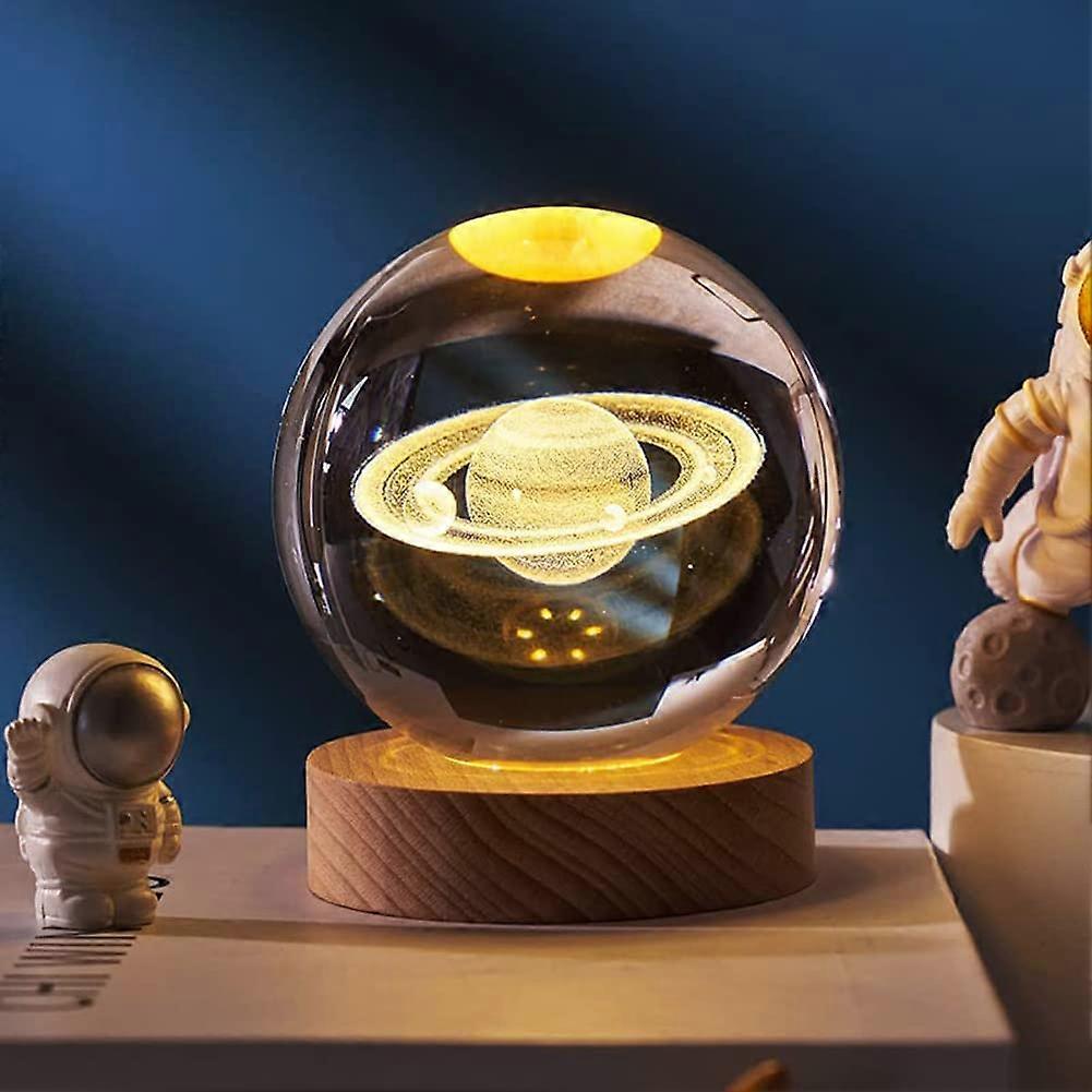 3D Crystal Planet Ball with LED Light, Moon and Solar System Globe on Wooden Base for Home Decor