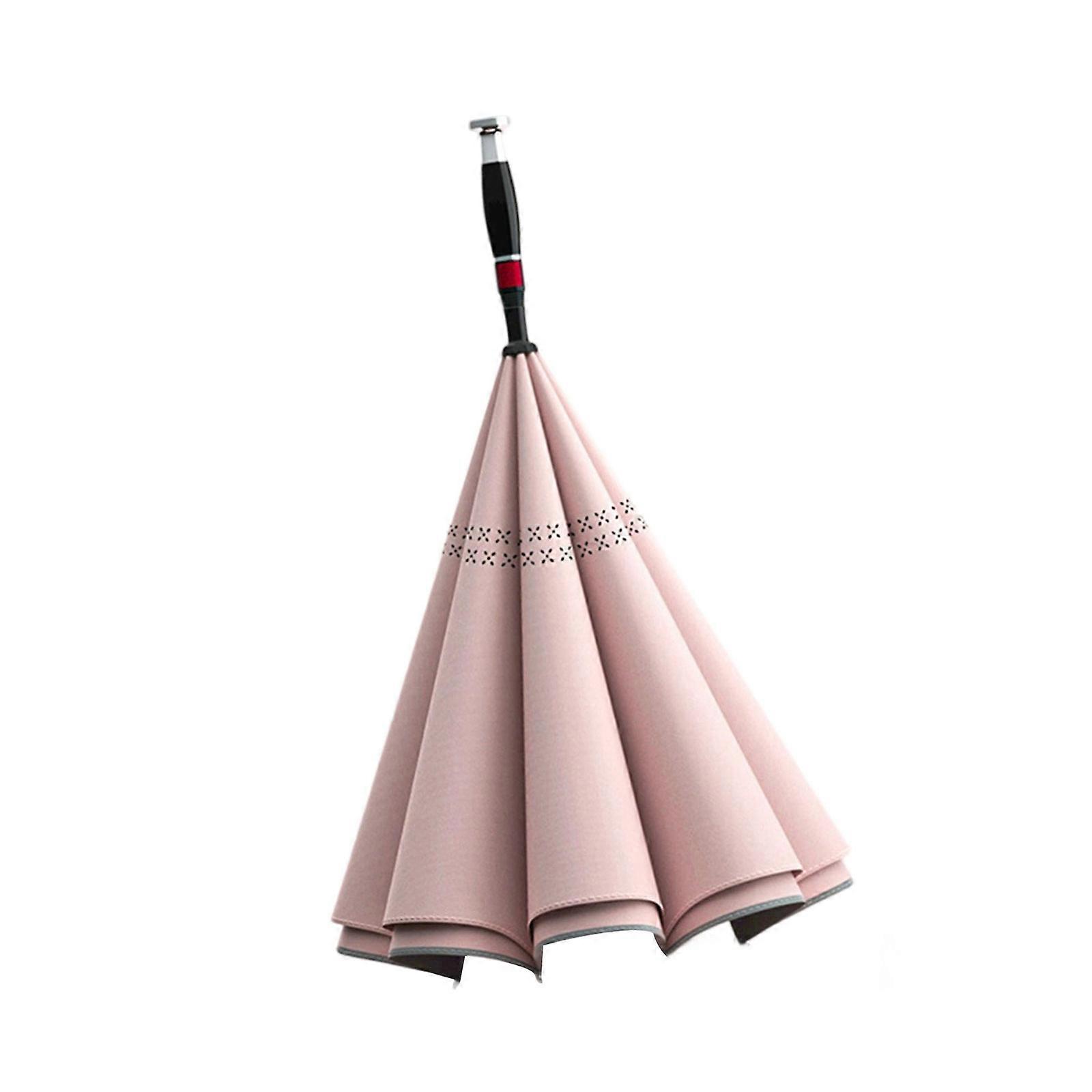 Reverse Umbrella Double Layer Canopy Extra Long Handle Waterproof Outdoor Essential  Pink