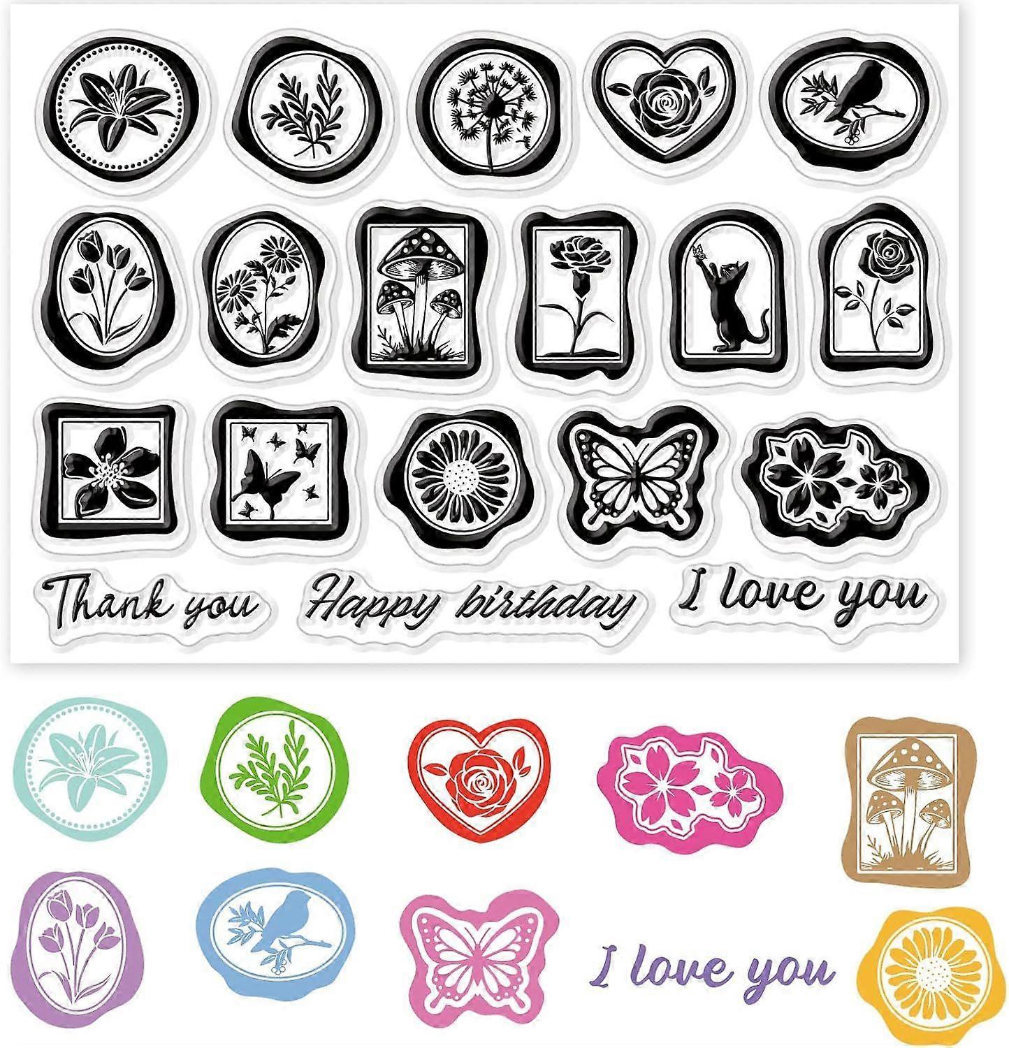 Plant Label Pattern Reuse Clear Stamps with Texts Silicone Transparent Stamps with Butterflies Kittens Flowers Elements Clear Stamp Seals for DIY Scra