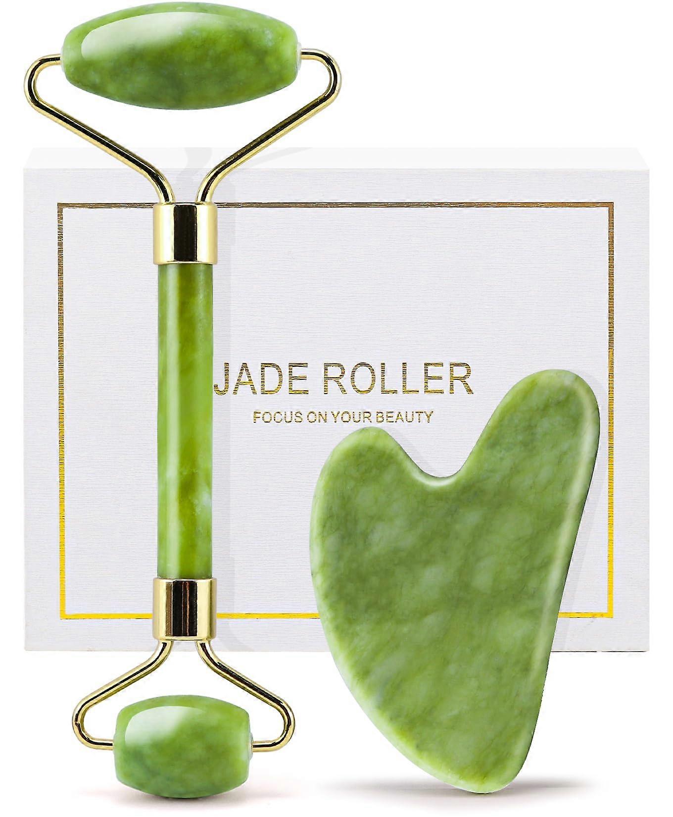 Jade Roller and Gua Sha Set for Face Puffiness Reduction, Skin Firming, Jawline Sculpting, Green