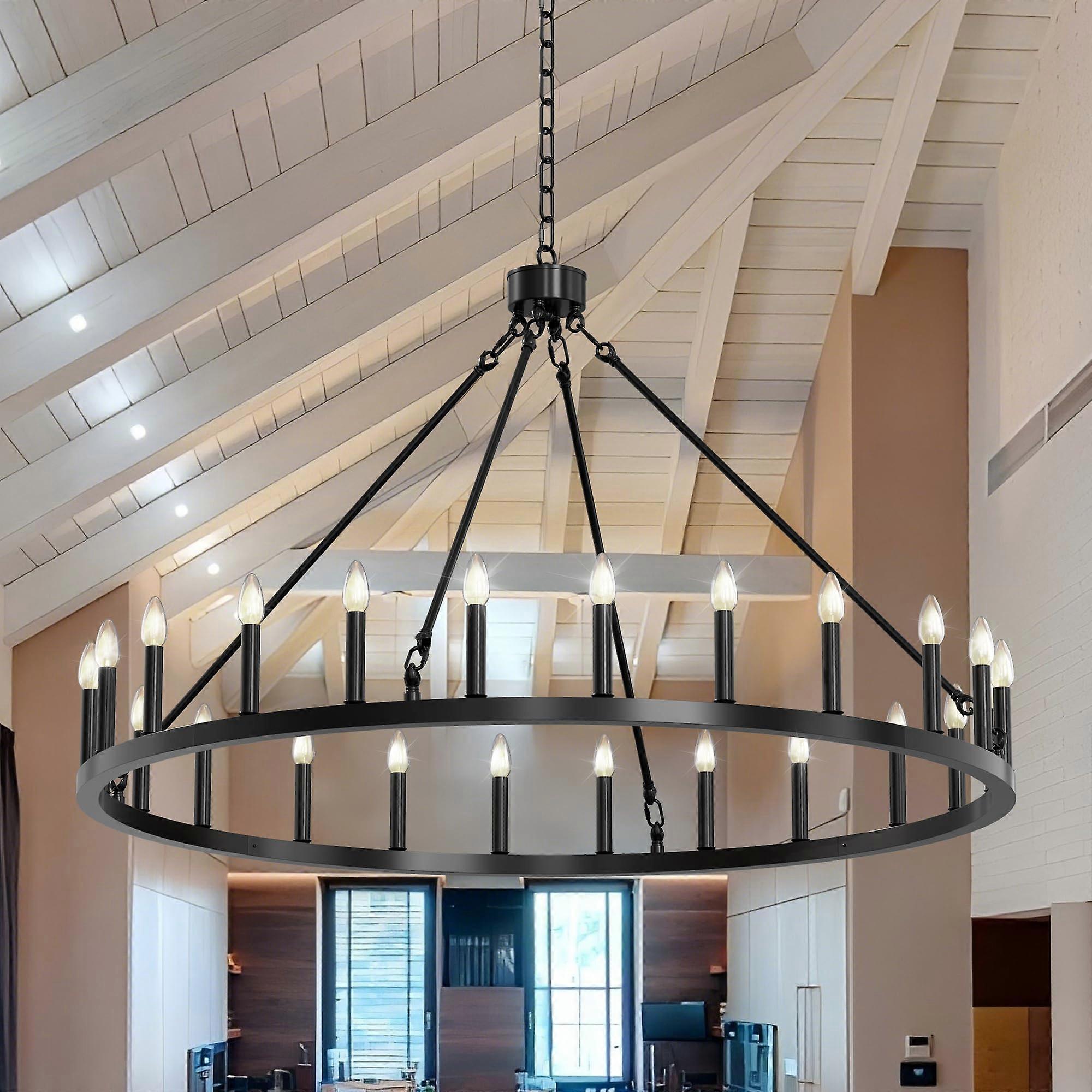 Large 24Light Wagon Wheel Chandelier Black Farmhouse Rustic Design for  Ceilings Adjustable