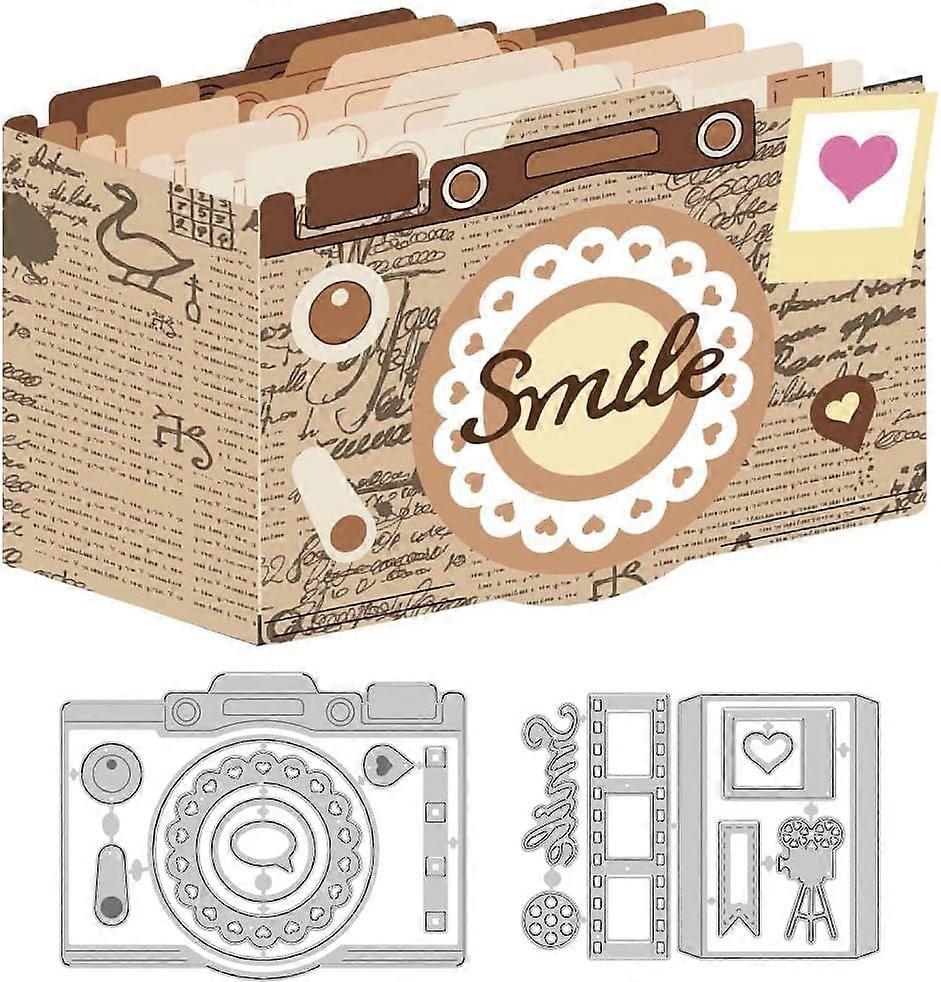 2 Sets 3D Camera Cutting Dies Card Making Die Cut Loving Heart Camera Box Carbon Steel Die Cuts Stencils Scrapbooking Embossing Template Dies for DIY 