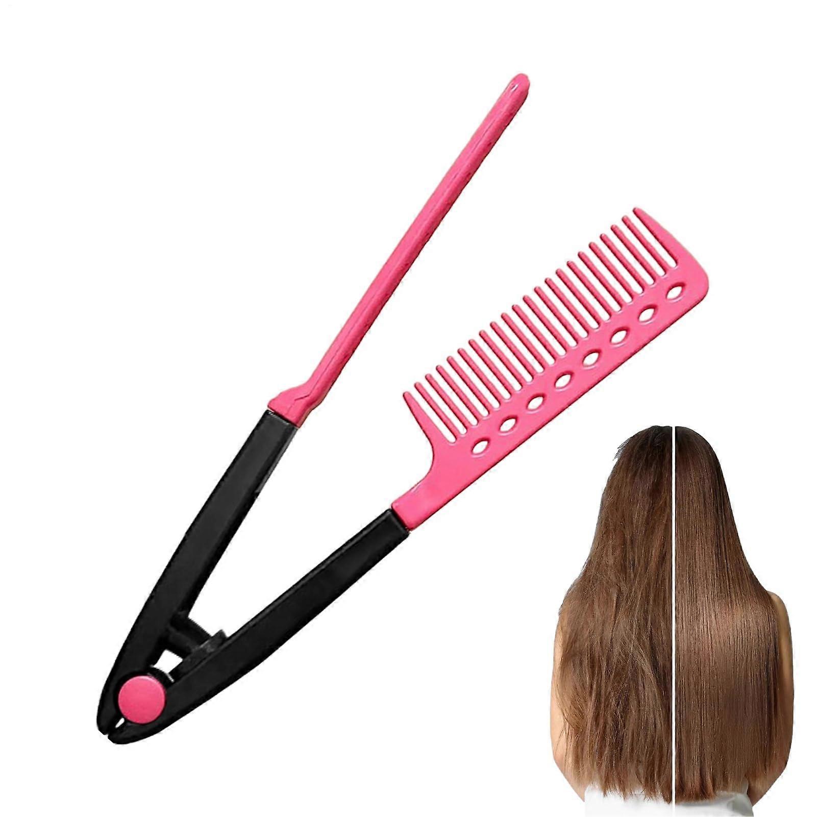 Hair Straightening Brush V Type Flat Comb Wet and Dry Styling with NonSlip Handle Hot Pink