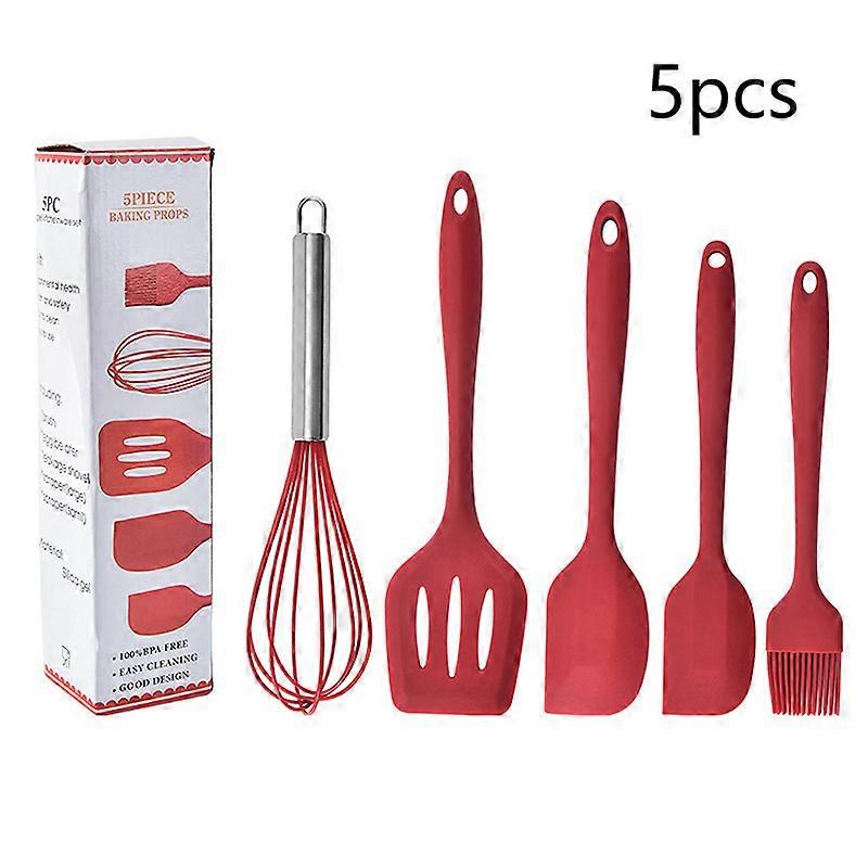 Ensemble de 5 ustensiles de cuisine en silicone antiadhésifs et flexibles comprenant une spatule à gâteau, un fouet, un pinceau à huile et une pelle à cuisiner.