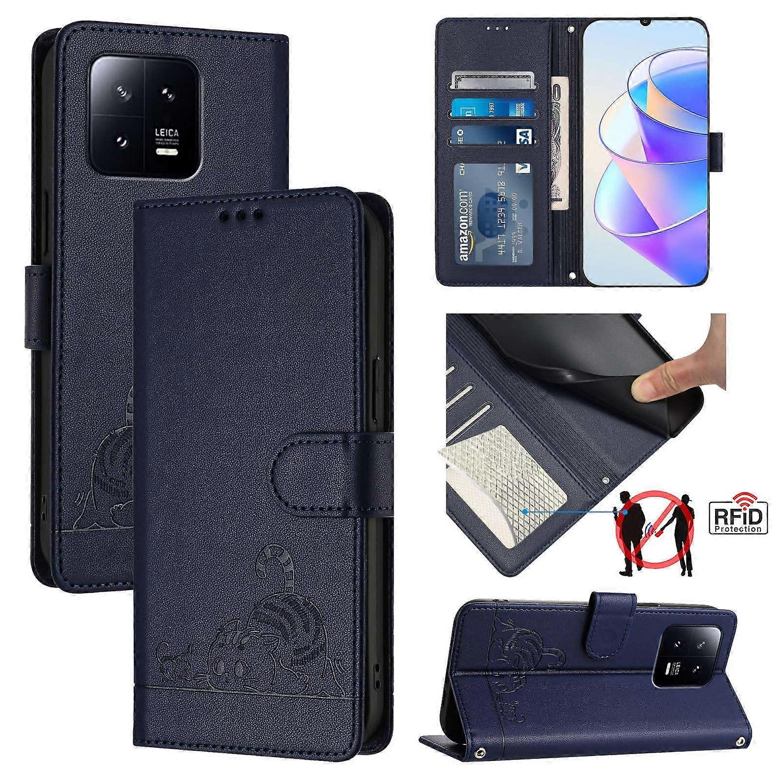 For Xiaomi 13 Case with Strap RFID Blocking Leather Wallet Phone Cover Cat Mouse Pattern