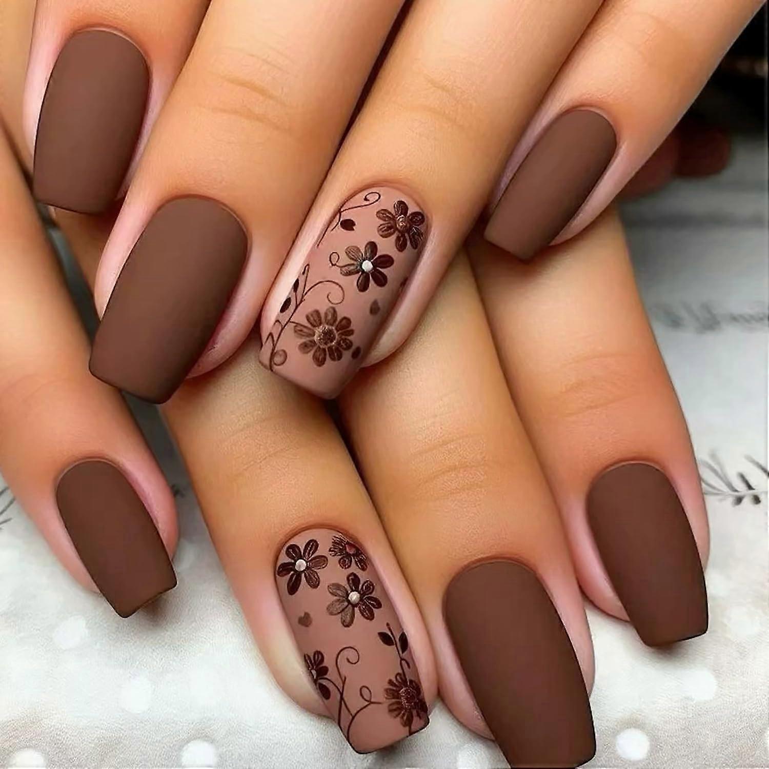 Fall Flower Press on Nails Brown Matte Medium Square Fake Nails with Designs 24pcs Reusable
