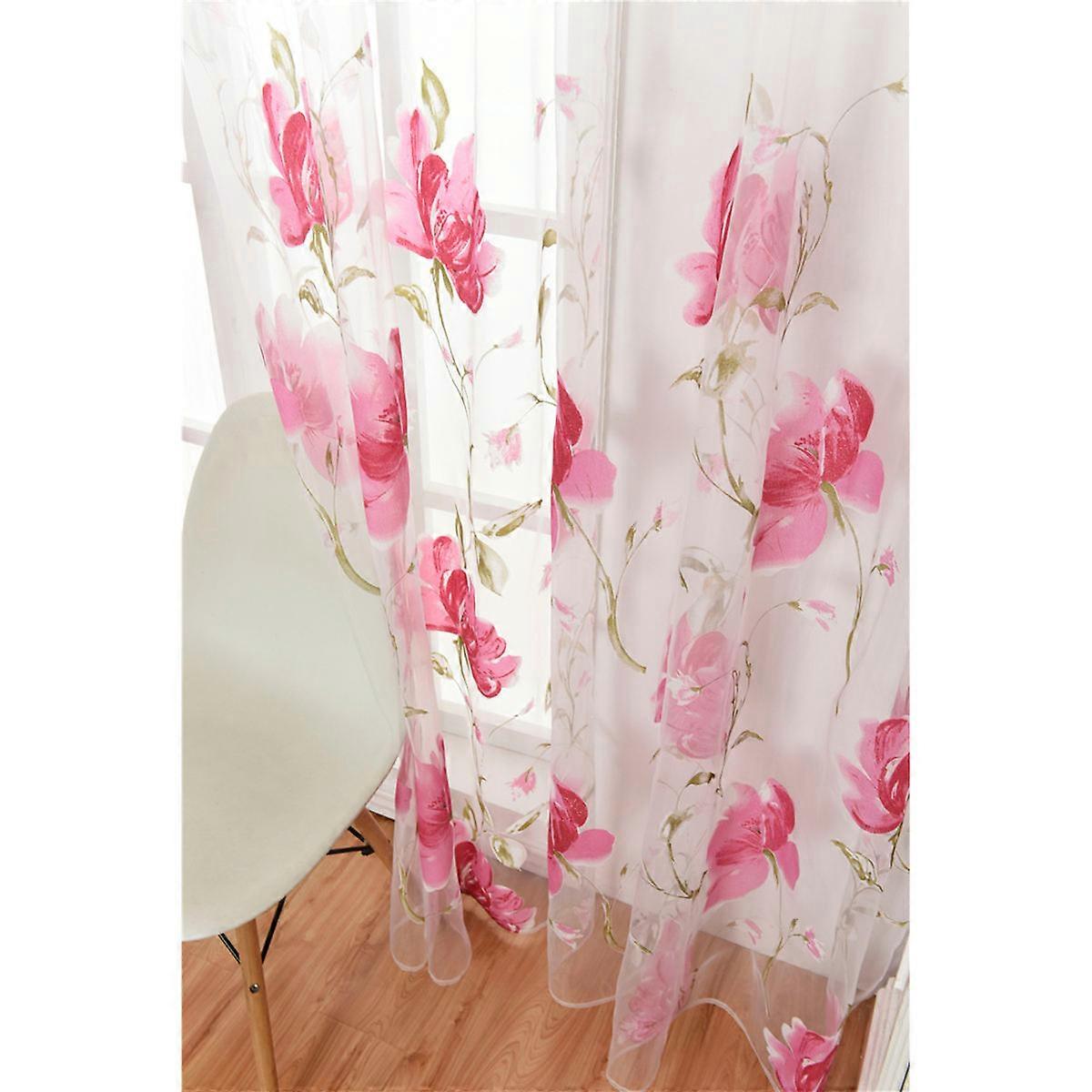 Pink Door Scarf Sheer Voile Flower Pattern Window Curtain