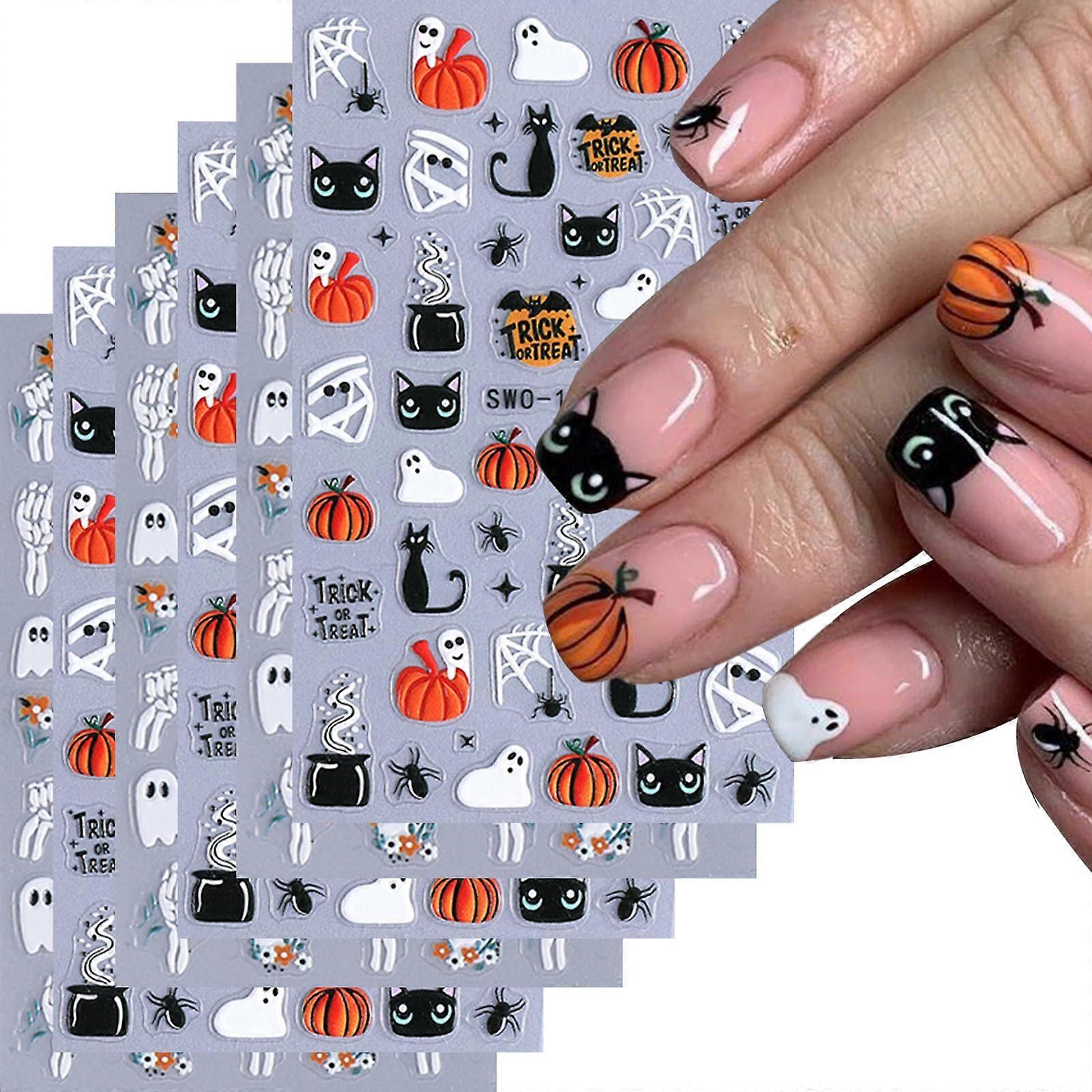 6 Sheets 3D SelfAdhesive Halloween Nail Stickers Waterproof Ghost Pumpkin Cat Spider Web Designs