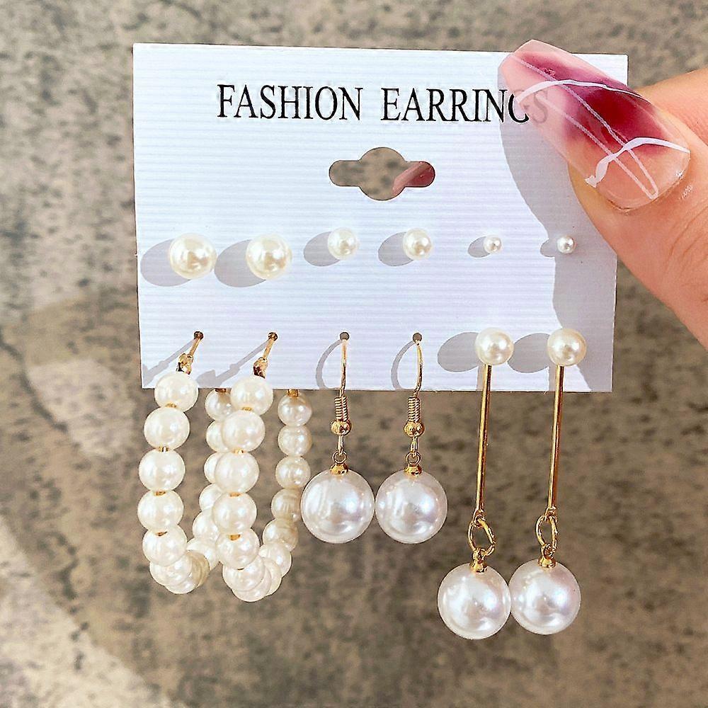 Alloy & Plastic Pearl Earring sets Golden 7~35mm 6pairs/set