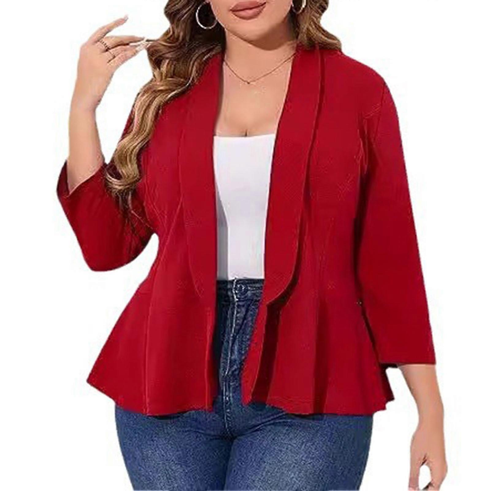 Plus Size Women Suit Coat Lapel Long Sleeve Ruffle Hem Open Front Suit Jacket Solid Color Versatile
