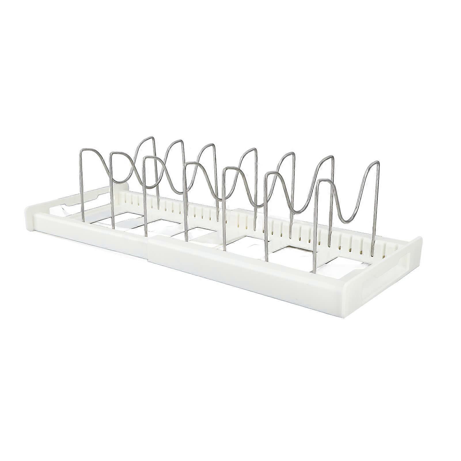 Pot Lid Organizer with Adjustable AntiSlip Rack, Expandable Cookware Storage for Pans and Boards, White