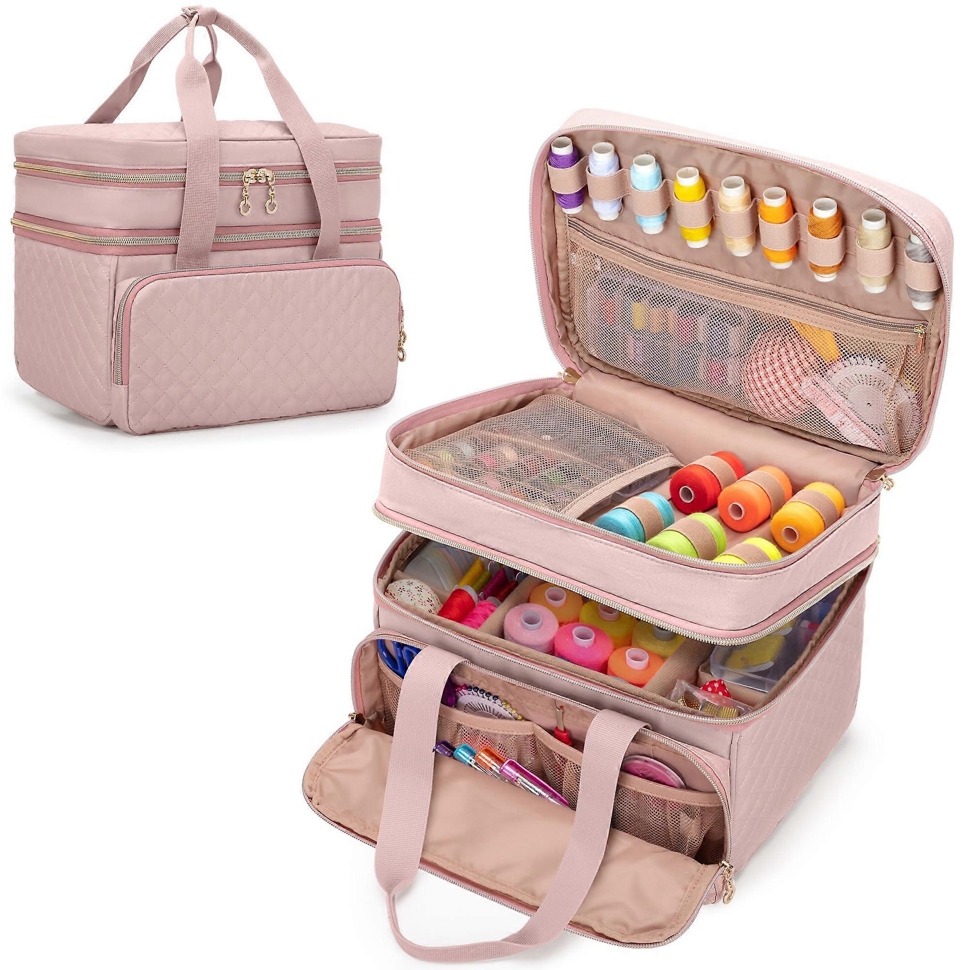 DoubleLayer Sewing Organizer with  Dividers, MultiPocket Pink Sewing Storage Bag