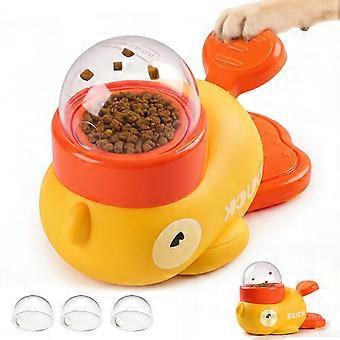 Interactive treat dispenser for dogs and cats, new 2026 model with yellow duck design, featuring a button and slow-feed function, suitable for small