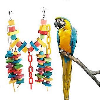 Kleurrijk houten vogelspeeltje: een kauwbrug voor papegaaien met een flexibel bijtkoord.