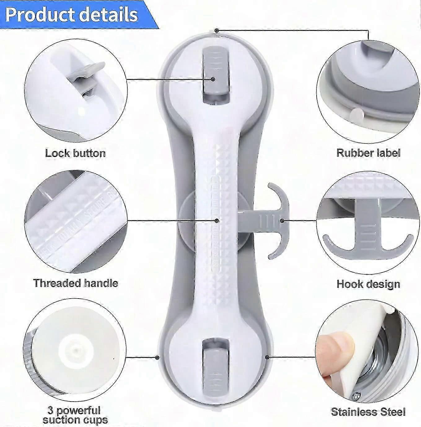 Barre d'appui de sécurité pour salle de bain, poignée de douche grise, lot de 2, 3 ventouses, 28 x 8,5 x 8,5 cm
