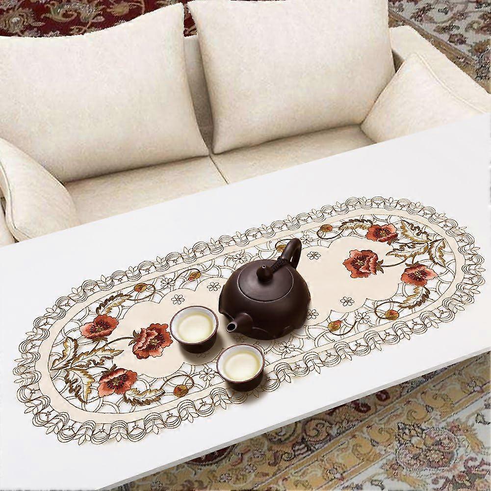 Tablecloth, openwork table runner embroidered with red floral patterns, openwork tablecloth and table decoration, 40*85cm (oval shape)