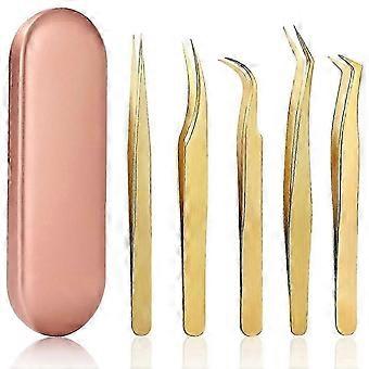Eyelash Tweezers Set of 5 Stainless Steel Lash Tweezers for Classic and Volume